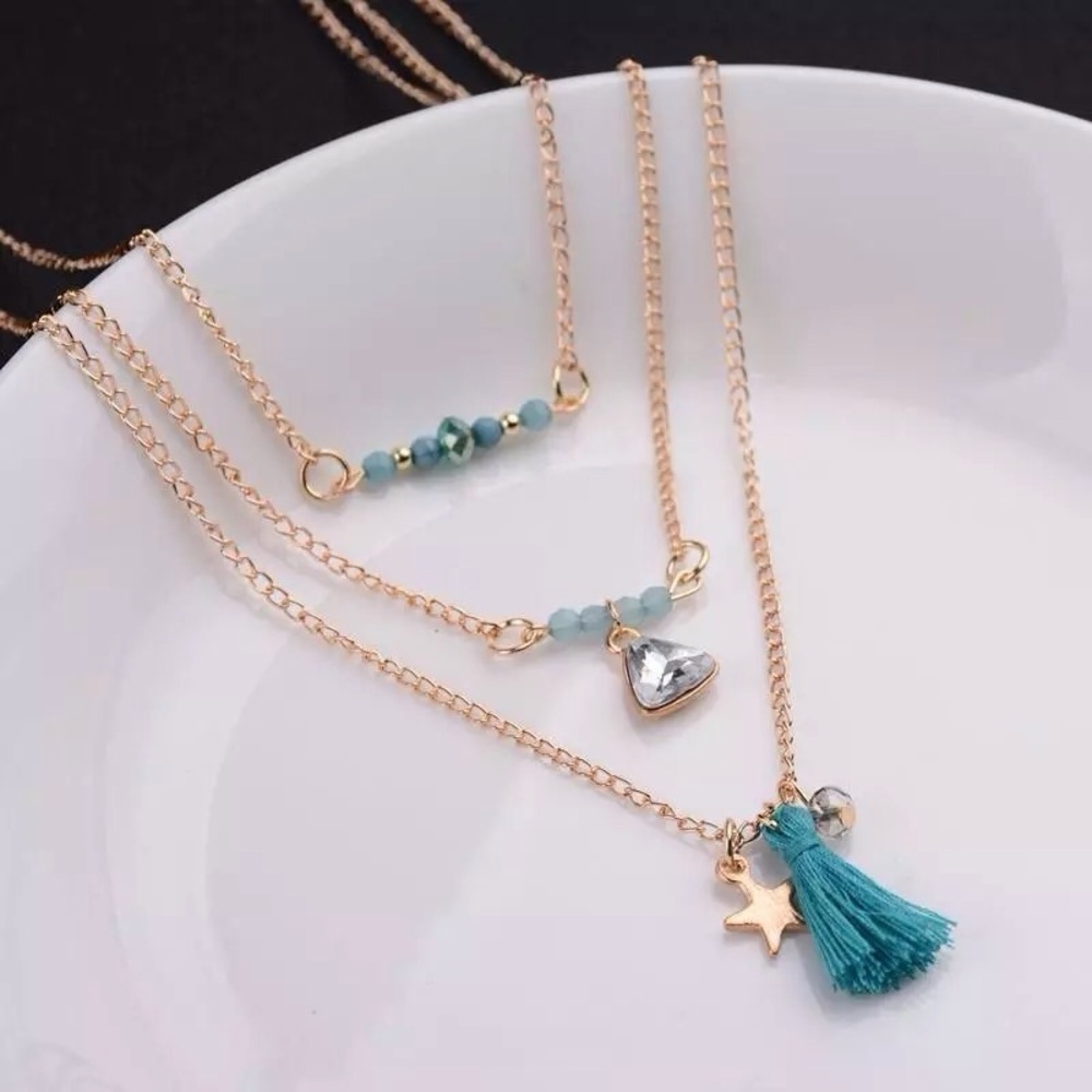 Layered Charm Beaded Necklace Women Color Gold & Blue